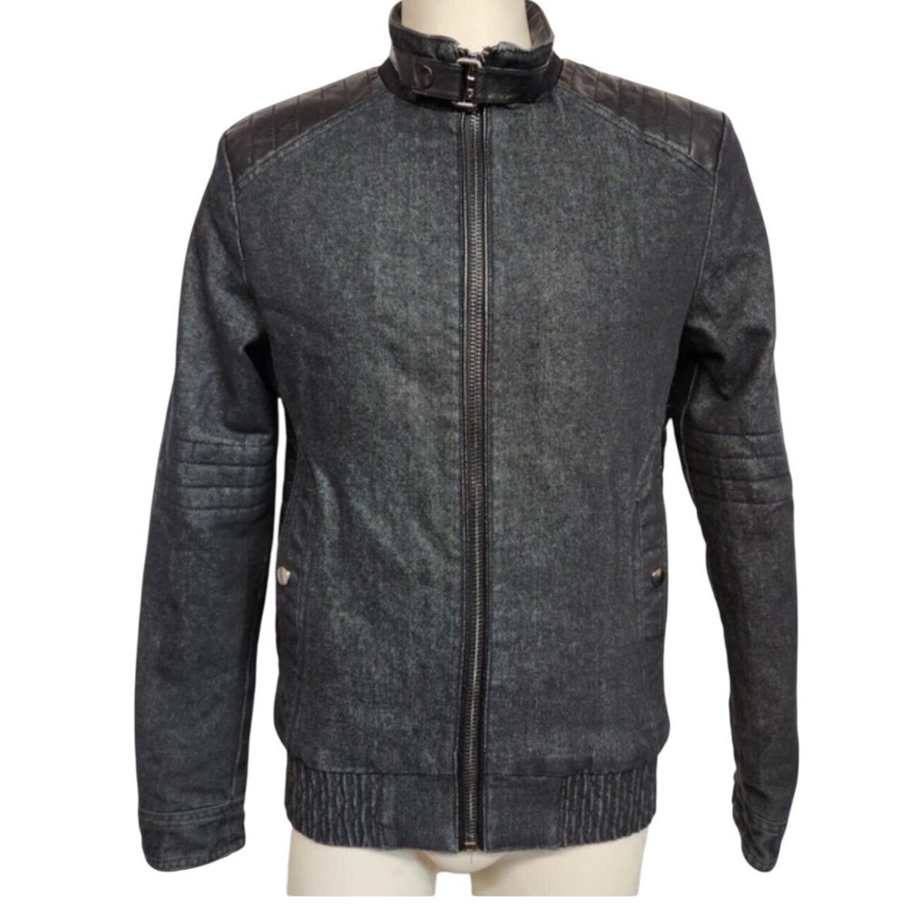 Fried Denim Mens Moto Jacket Gray Black Faux Leather Quilted Shoulder Size M